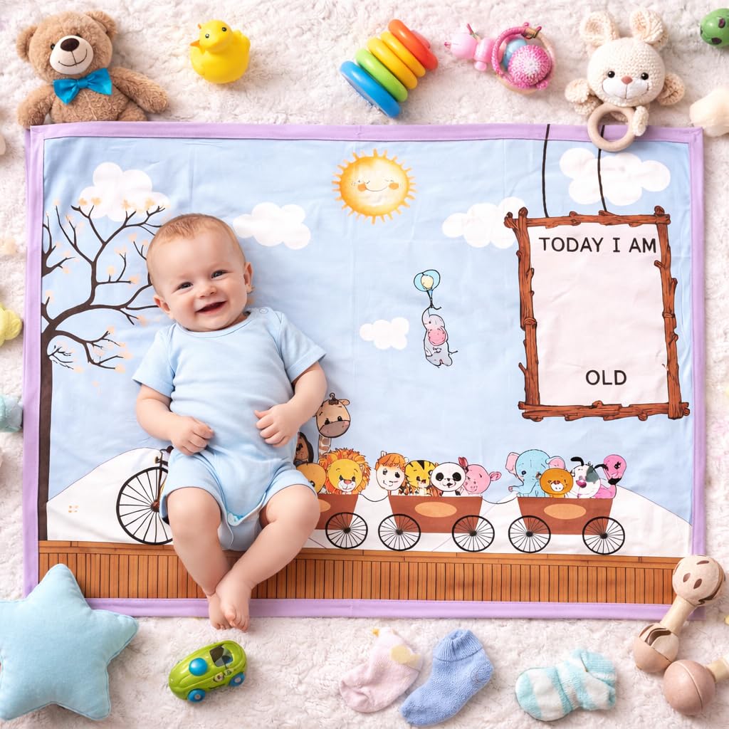 Growth Keepsake Baby Blanket 51 * 43 Inch Monthly Age Marker Blanket Giraffe Train Themed Cartoon Printed Background Washable Fo