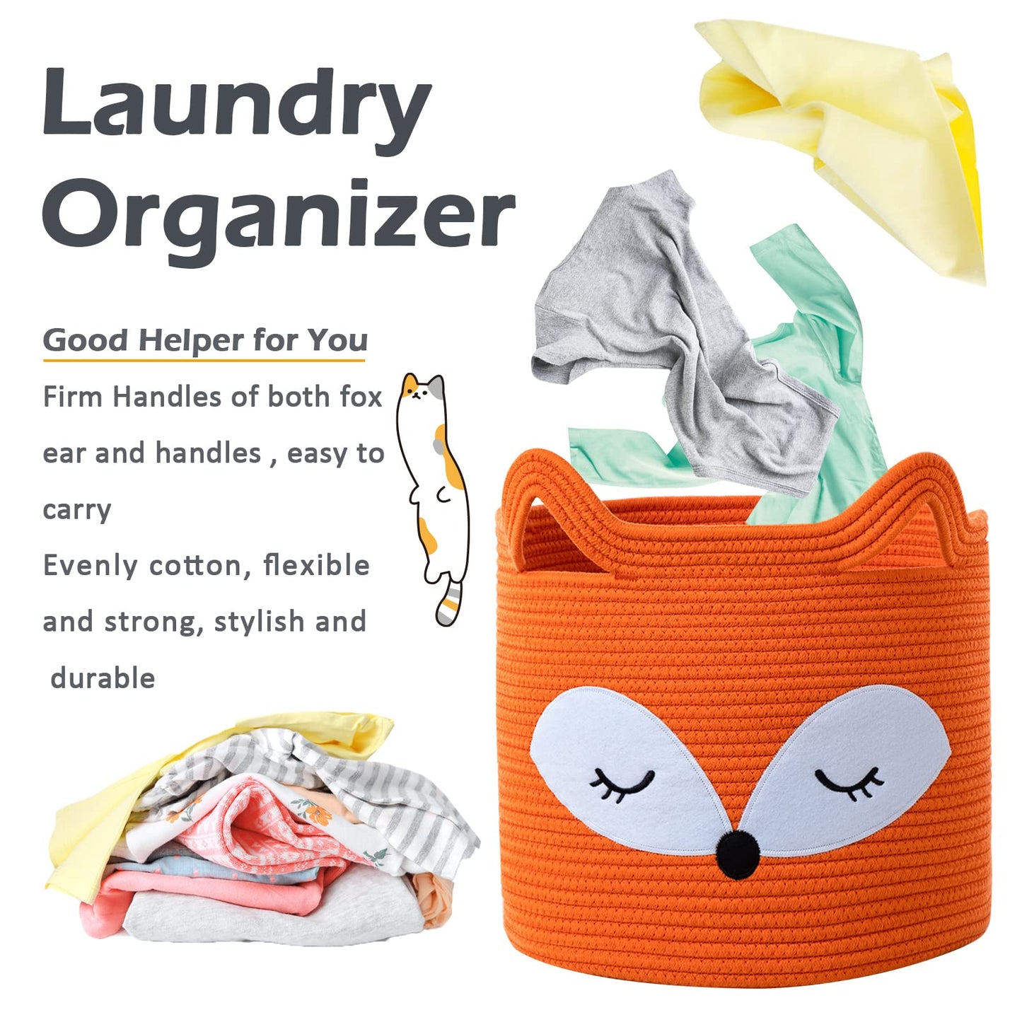 Vk Vkliving Fox Toy Basket Cotton Rope Animal Baskets Orange Laundry Hamper For Toys, Clothes,Gifts,Towels, Blankets, Empty Gift
