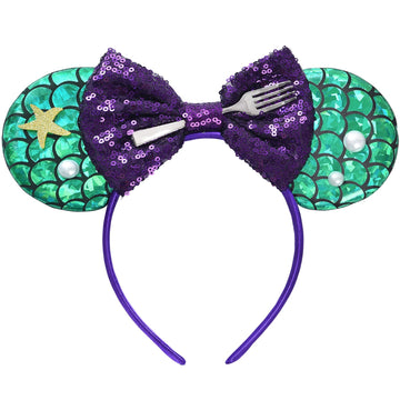 Seamoy Sequin Minnie Ears Headband,Mermaid Mouse Ears Hairband With Bow, Sparkle Rose Gold Classic Red Hair Accessory For Women