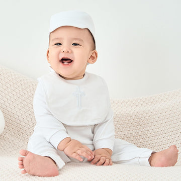 Pureborn Baby Boys Baptism Romper With Bonnet And Bib Long Sleeve Jumpsuit Christening Outfit 3 Pcs One-Piece Coverall White 9-1