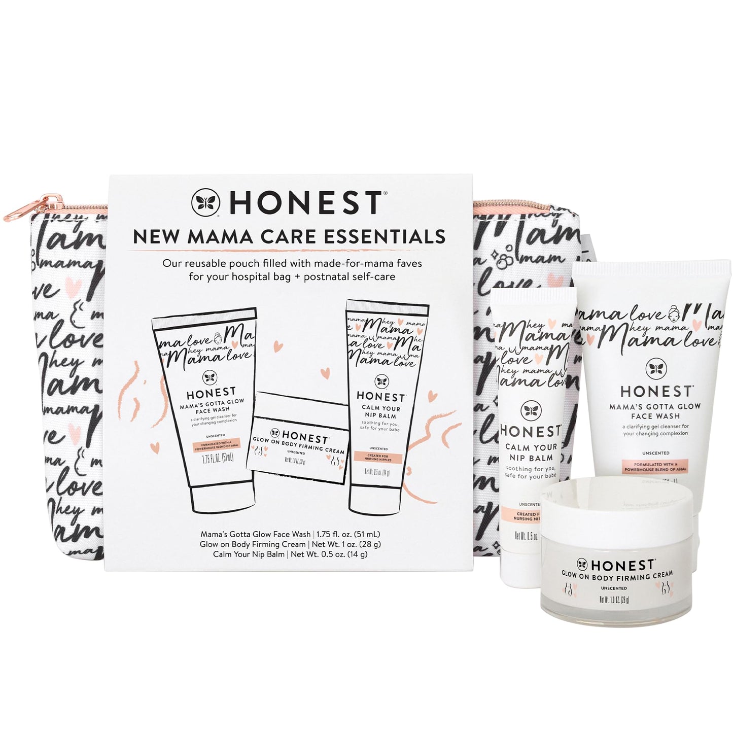 The Honest Company New Mama Care Essentials Gift Set  Hospital Bag Must Haves  Travel Size Nip Balm (0.5 Oz), Glow On Body Cream