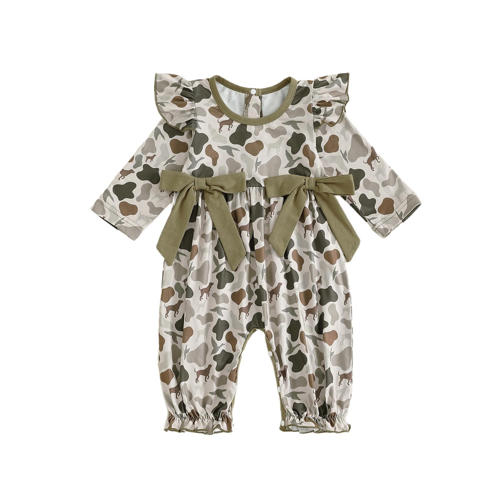 Santikisler Newborn Baby Girl Hunting Outfit Camo Ruffle Long Sleeve Romper Jumpsuit Smocked Bubble One Piece Clothes (Army Gree