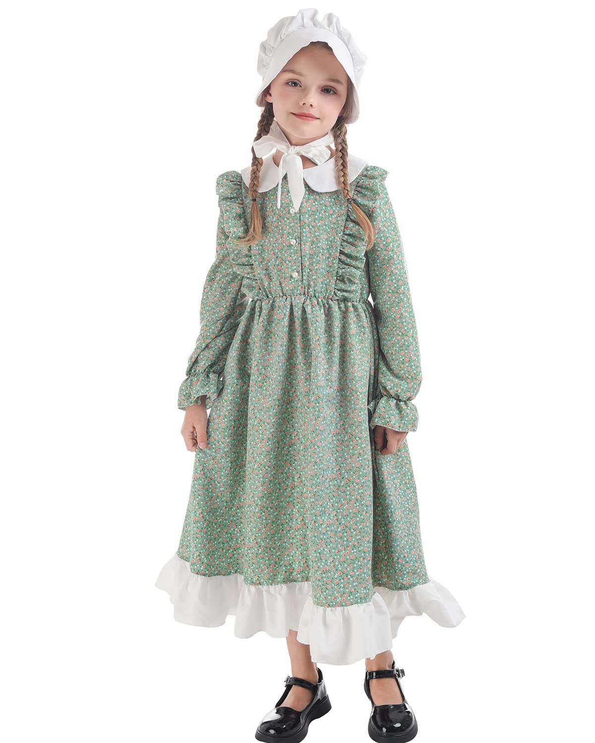 Fccam Prairie Dresses For Girls Pioneer Costume 19Th Century Long Sleeves Colonial Dress Green Xl Age Over 4 Years Old