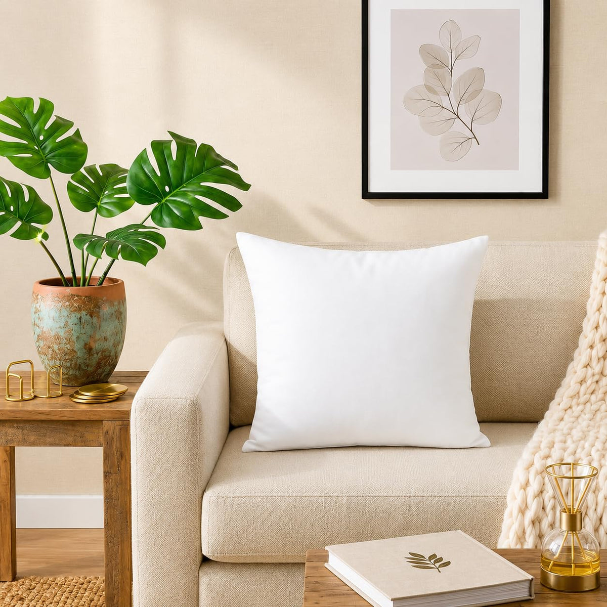 HABBITA White Cotton Cushion 20 x 20 Inch | Soft Sofa Cushion for Living Room & Bedroom | Square Cushion for Sofa Set & Bed | Co