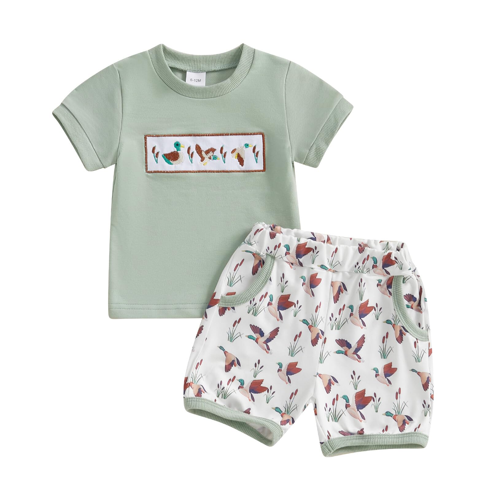 PUHHAPIEY Toddler Baby Boy Summer Clothes Retro Embroidery Duck Hunting Shirts T-Shirt + Elastic Camouflage Shorts Set (Dark Sea