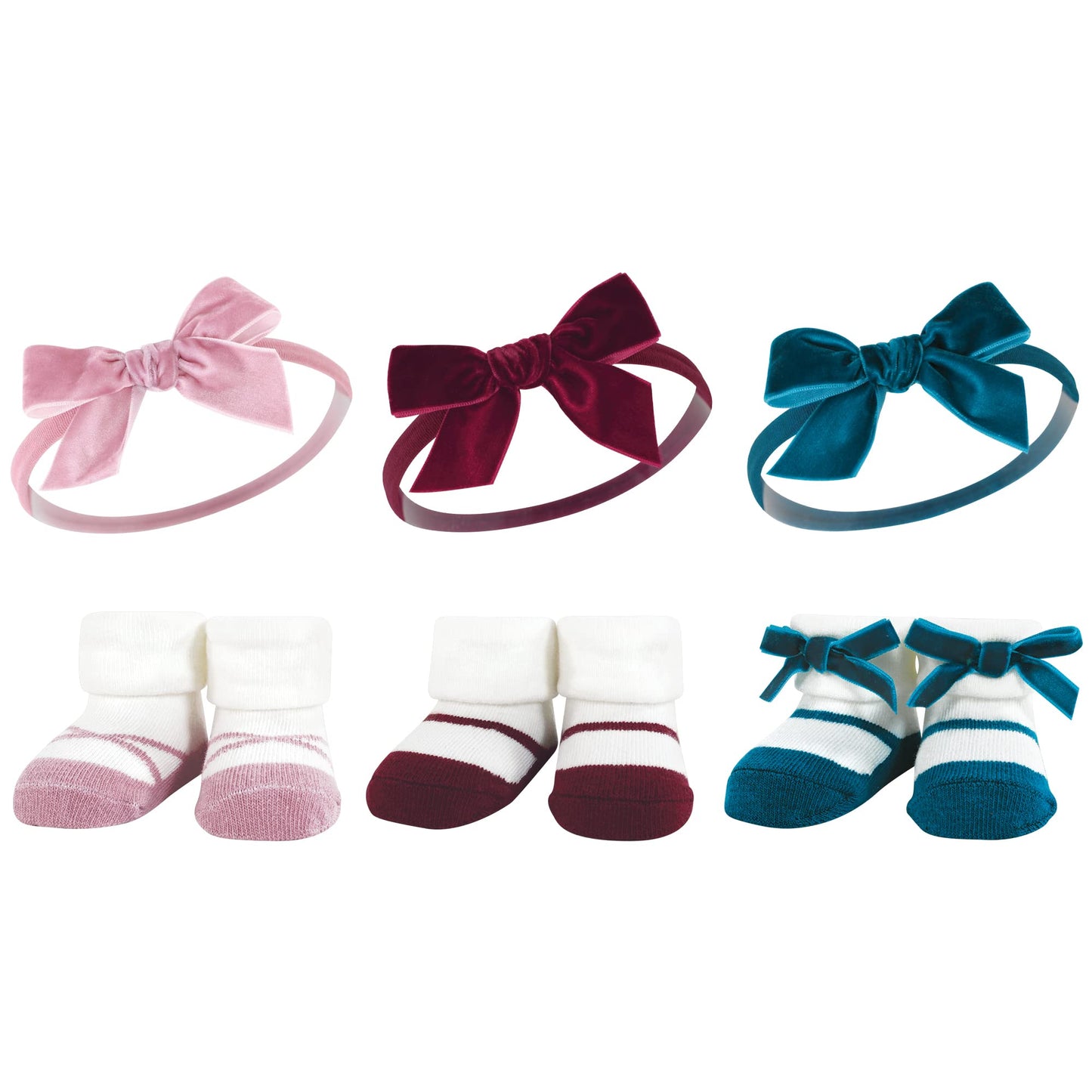 Hudson Baby Baby Girls' Headband And Socks Giftset, Burgundy Pink Teal, One Size