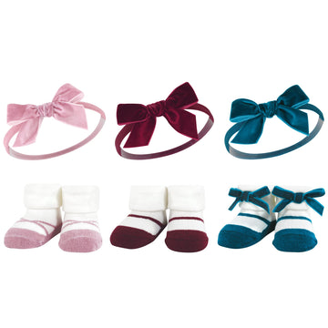 Hudson Baby Baby Girls' Headband And Socks Giftset, Burgundy Pink Teal, One Size