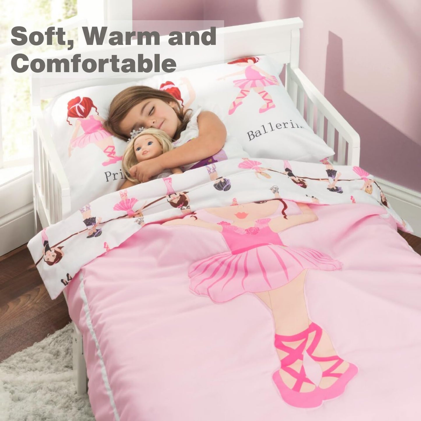 Everyday Kids 4 Piece Toddler Bedding Set -Born To Dance Ballerina- Includes Comforter, Flat Sheet, Fitted Sheet And Reversible