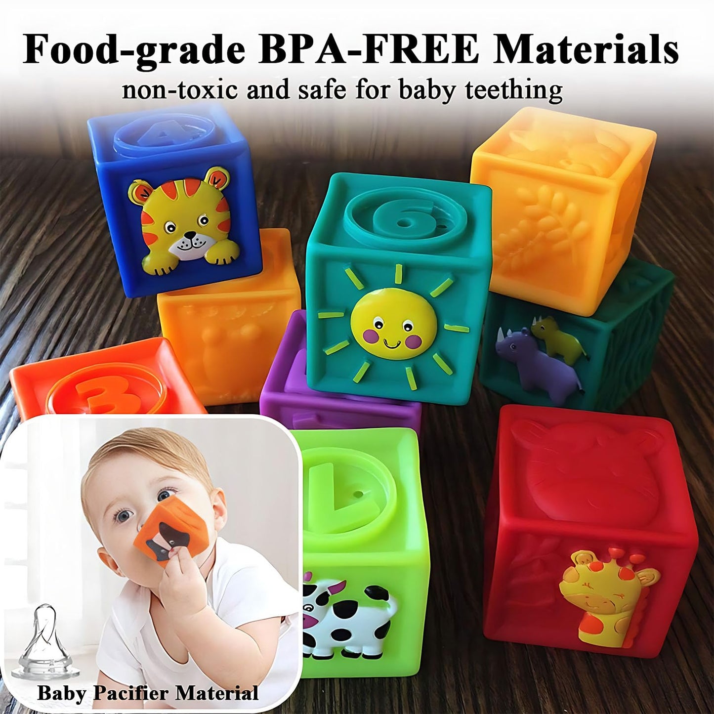 Kingtree Baby Blocks, 9PCS Soft Squeeze Building Blocks Stacking Toys for 6+ Months Babies, Baby Teething Chewing Educational Bl