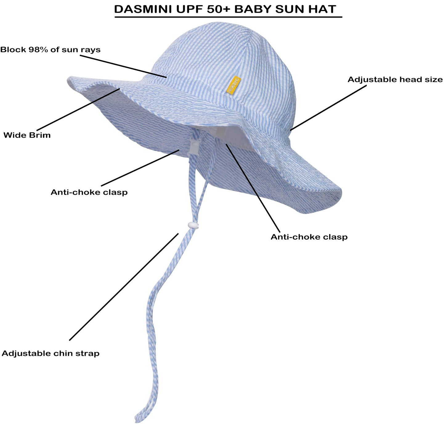 Dasmini Baby&Toddler Stripe Wide Brim Sun Hats Upf 50+ Sun Protection Beach Bucket Cap Cute Adjustable Hat (Sky Stripe, 2-5T)