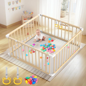 Baby Wooden Playpen for Toddler and Babies - 43 x 43 x 24 Inch Easy to Assemble Baby Playpen with 2 Handles & 30 Ocean Ball - Ba