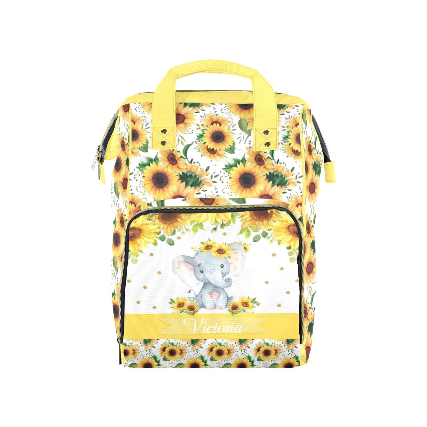 Noverbibi Custom Diaper Bag for Baby Girl - Personalized Sunflower Elephant Baby Bag - Custom Name Mommy Daypack Tote