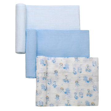 3 Pack Cotton Muslin Swaddle Blankets for Baby, 40 x 36, Lightweight, Breathable, Blue, (Nursery Animals, Giraffe, Lion, Eleph