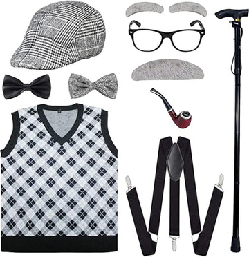 Attbea Old Man Costume For Kids 100 Days Of School Costume For Boys With Old Man Hat, Old Person Glasses, Costume Cane Grandpa V