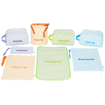 Easy Baby - Diaper, Bottle, And Supplies - Organizer Pouches And Changing Pad - Change, Feed, Dress, And Clean Me (8 Pack Seersu