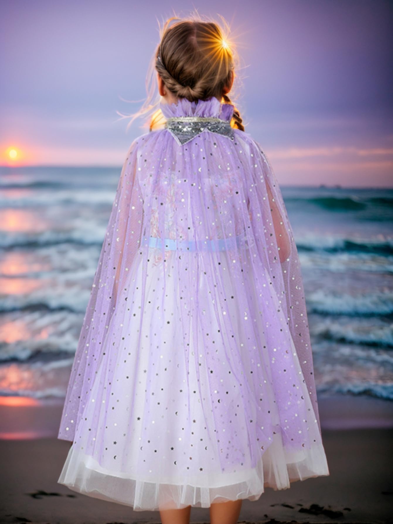 Fkkfyy Little Girl Cape Dress Up For Kids Cloak Lace-Up Matching Princess Birthday Party Cosplay Halloween Star And Moon Sequins