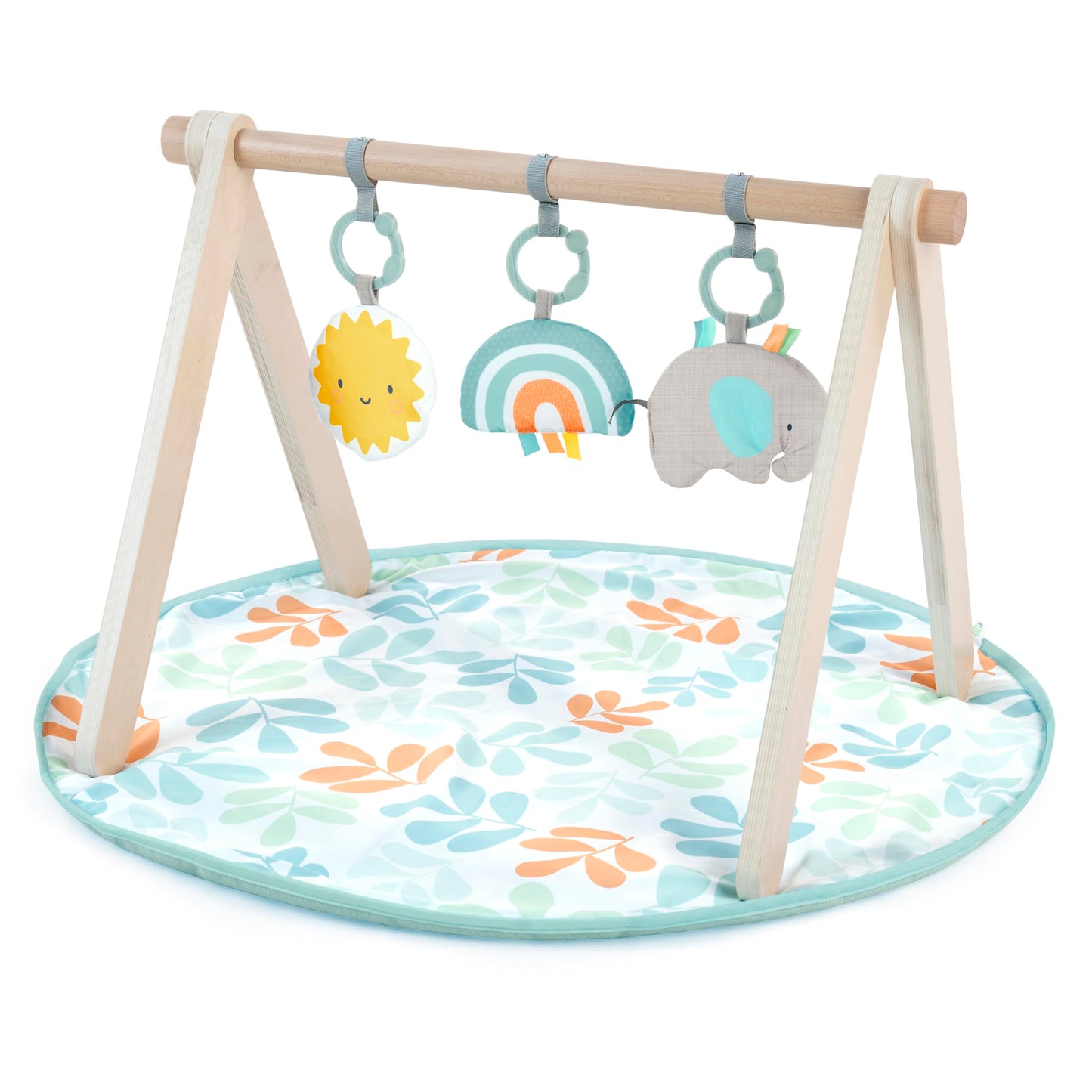 Ingenuity: ity Sun Valley Wooden Toy Arch & Play Mat, Foldable A-Frame Bar with 3 Removable Toys, Machine-Washable Mat, Unisex, 