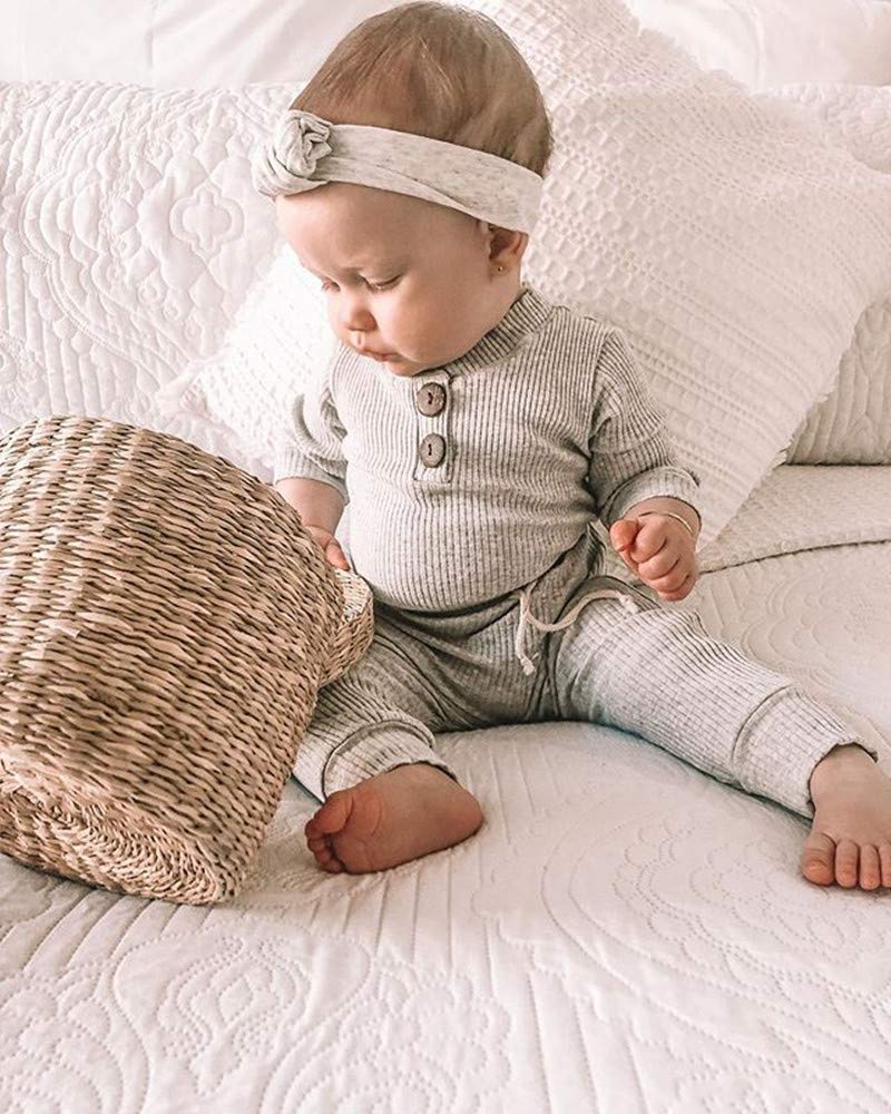Baby Newborn Girls Boys Long Sleeve Clothes Striped Romper & Pants Set Infant Fall Winter Cotton Outfits (B-Gray, 12-18 Months)