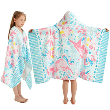 Girls Hooded Bath Towel, Oversized 50 L x 30 W for Ages 3 to 12 Kids, Quick Dry Lightweight Soft Microfiber Hood Beach Towel Co