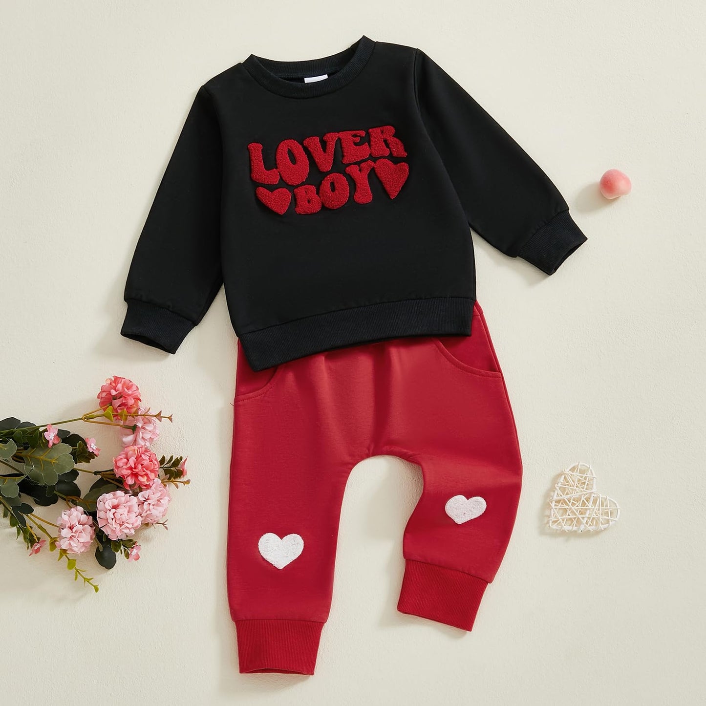 Lagkiyoj Toddler Baby Girl Boy Valentines Outfit Love Heart Long Sleeve Sweatshirt Pullover Tops Jogger Pants Clothes (Black Lov