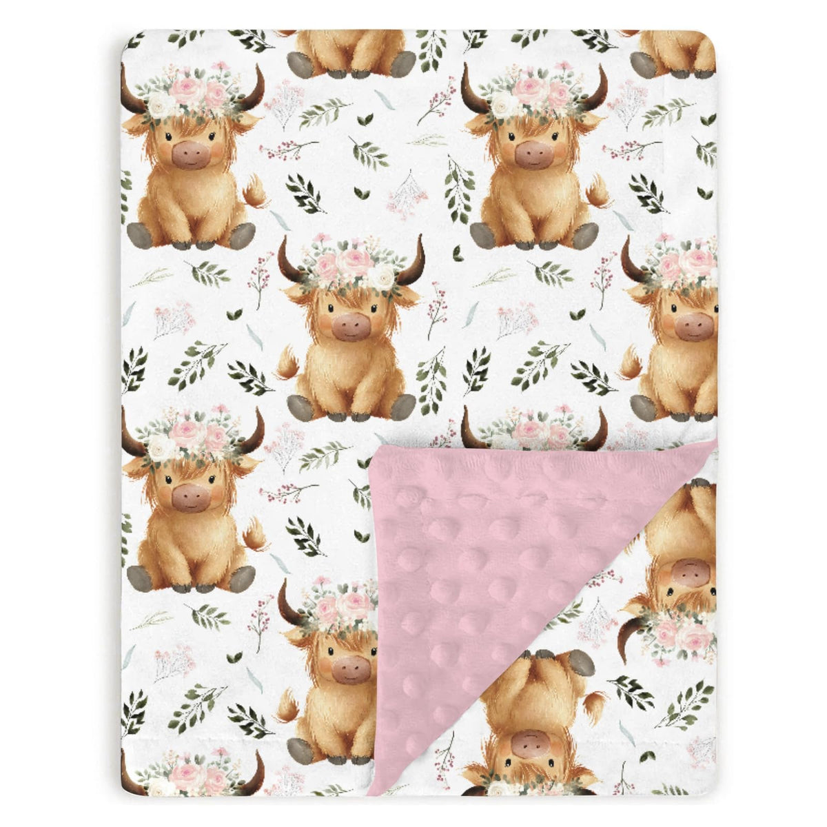 Tewrnvioc Highland Cow Floral Baby Blankets for Girls 30 x 40, Pink Flower Soft Double Layer Minky Blanket with Dotted Fleece 