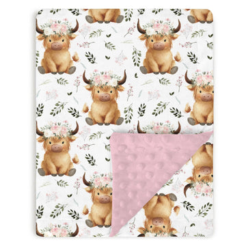 Tewrnvioc Highland Cow Floral Baby Blankets for Girls 30 x 40, Pink Flower Soft Double Layer Minky Blanket with Dotted Fleece 