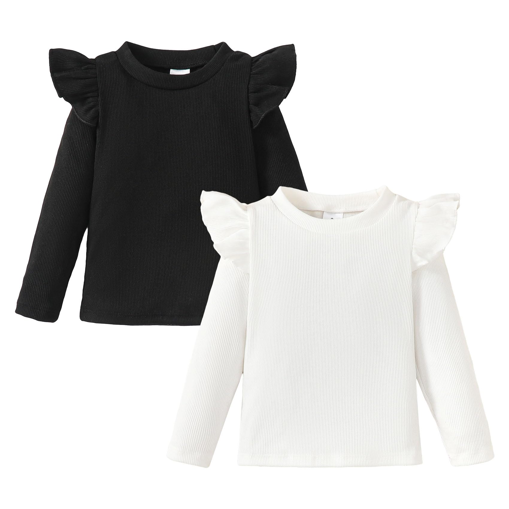 Opawo Toddler Girl Shirts Ruffle Long Sleeve Baby Tee Tops, Ribbed Toddler Girl Blouse, Fall Baby Girl Clothes 2-Pack 12M-4T(Bla