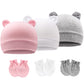 Bqubo Newborn Baby Hats Mittens Set Hospital Hat Beanie Bear Ears Preemie Infant Cotton Caps Gloves No Scratch Mittens For Baby