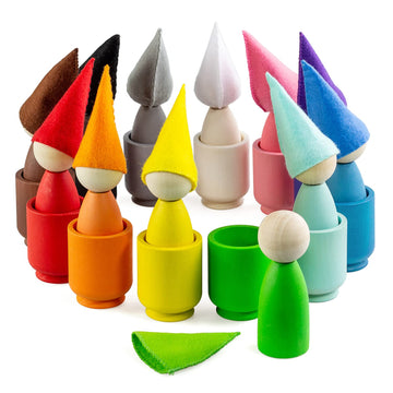Ulanik Large Peg Dolls in Cups with Hats Toddler Montessori Toys for 3 Year Old + Wooden Waldorf Dolls for Learning Color Sortin