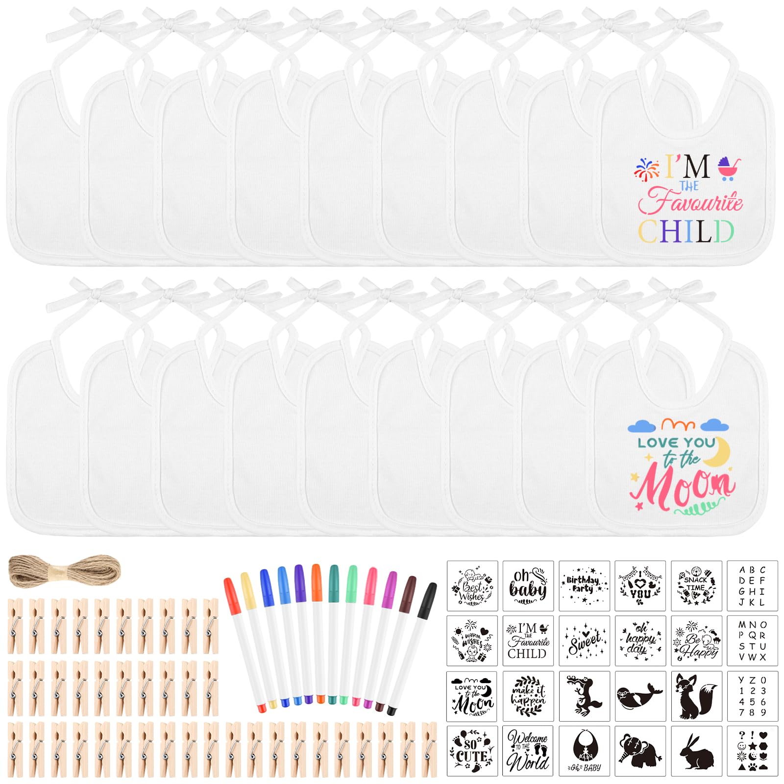 BOUBONI 88 Pcs DIY Baby Bibs Decorating Set Includes 18 White Bibs, 12 Fabric Markers, 24 Stencils, 33 Clothespins, 1 Hemp Rope 