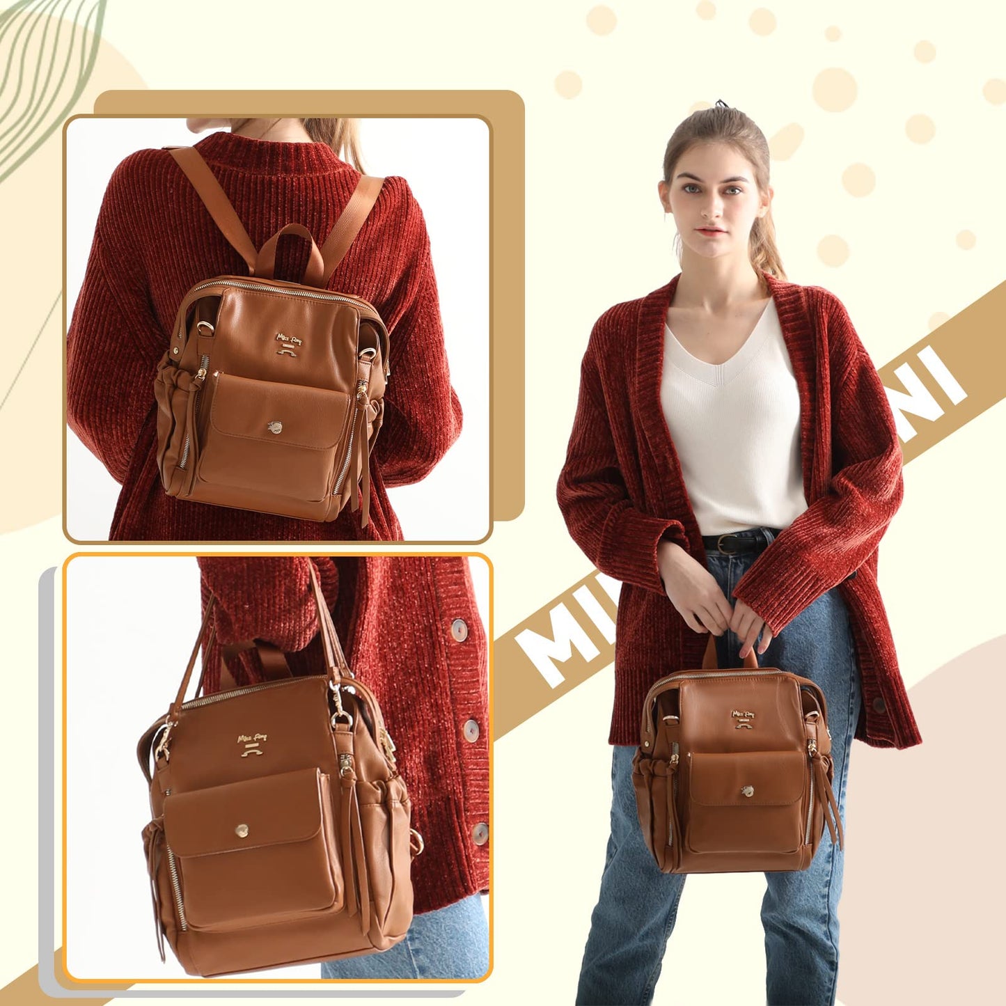 Miss Fong Small Diaper Bag, Mini Diaper Bag Dackpack Leather Diaper Bag Backpack With 12 Diaper Bag Organizer, Insulated Pocket,