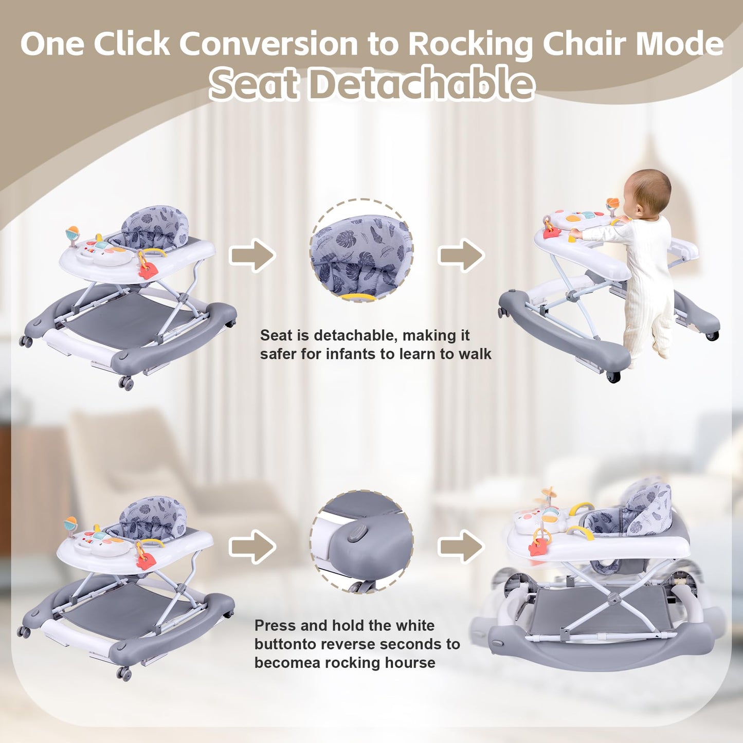 Foldable Baby 5-In-1 Activity Walker - Rocker, Activity Center, Bouncer, Seat, Push Walker - Adjustable Speed Rear Wheels And He
