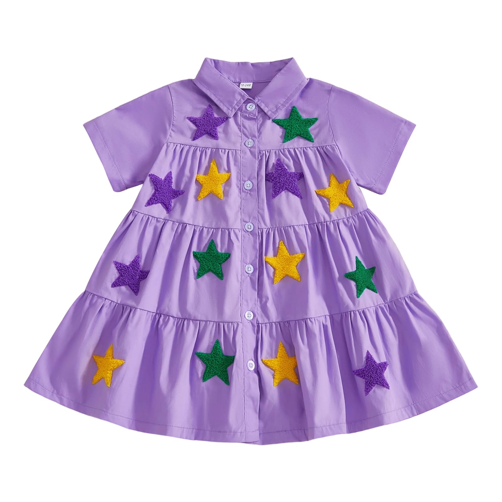 Toddler Baby Girl Mardi Gras Dress Carnival Outfit Smocked Collared Short Sleeve Purple Dress for Girls (Purple Star, 5-6 Years)