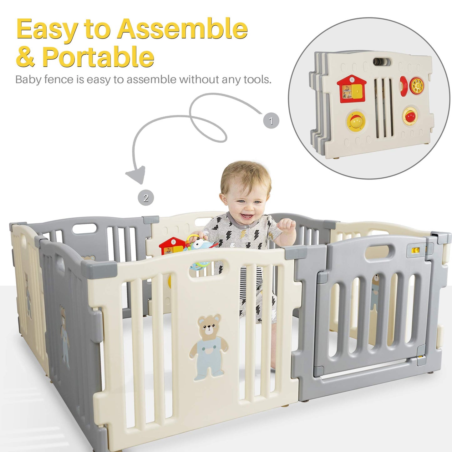 Kidzone Grey - White Baby Interactive Playpen 8 Panel Safety Gate Children Play Center Child Activity Pen Astm Certified