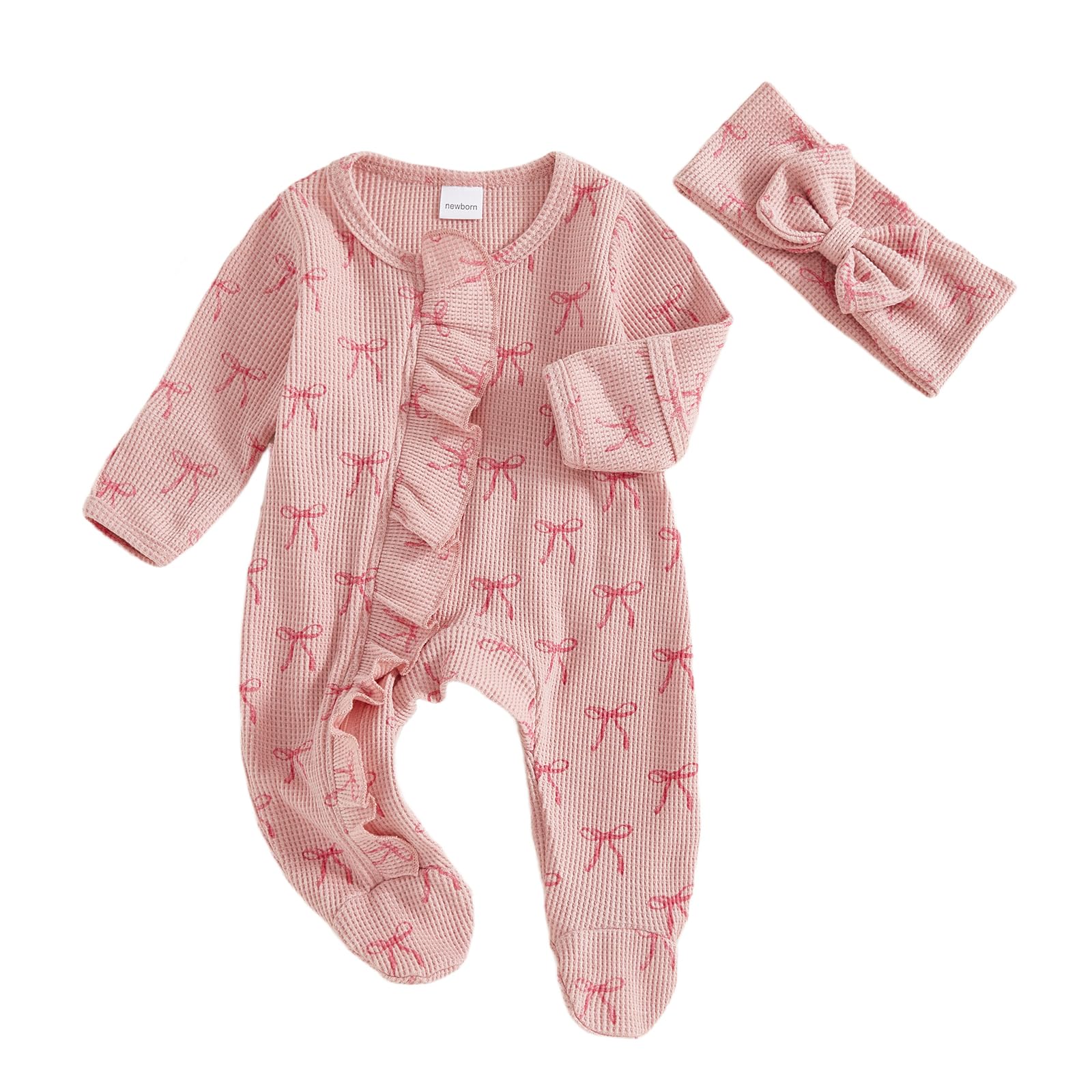 mlpeerw Newborn Baby Girl Outfits Bow/Plaid Print Footed Jumpsuit Ruffle Zipper Romper Cute Fall Baby Coming Home Outfit (Bow Pi