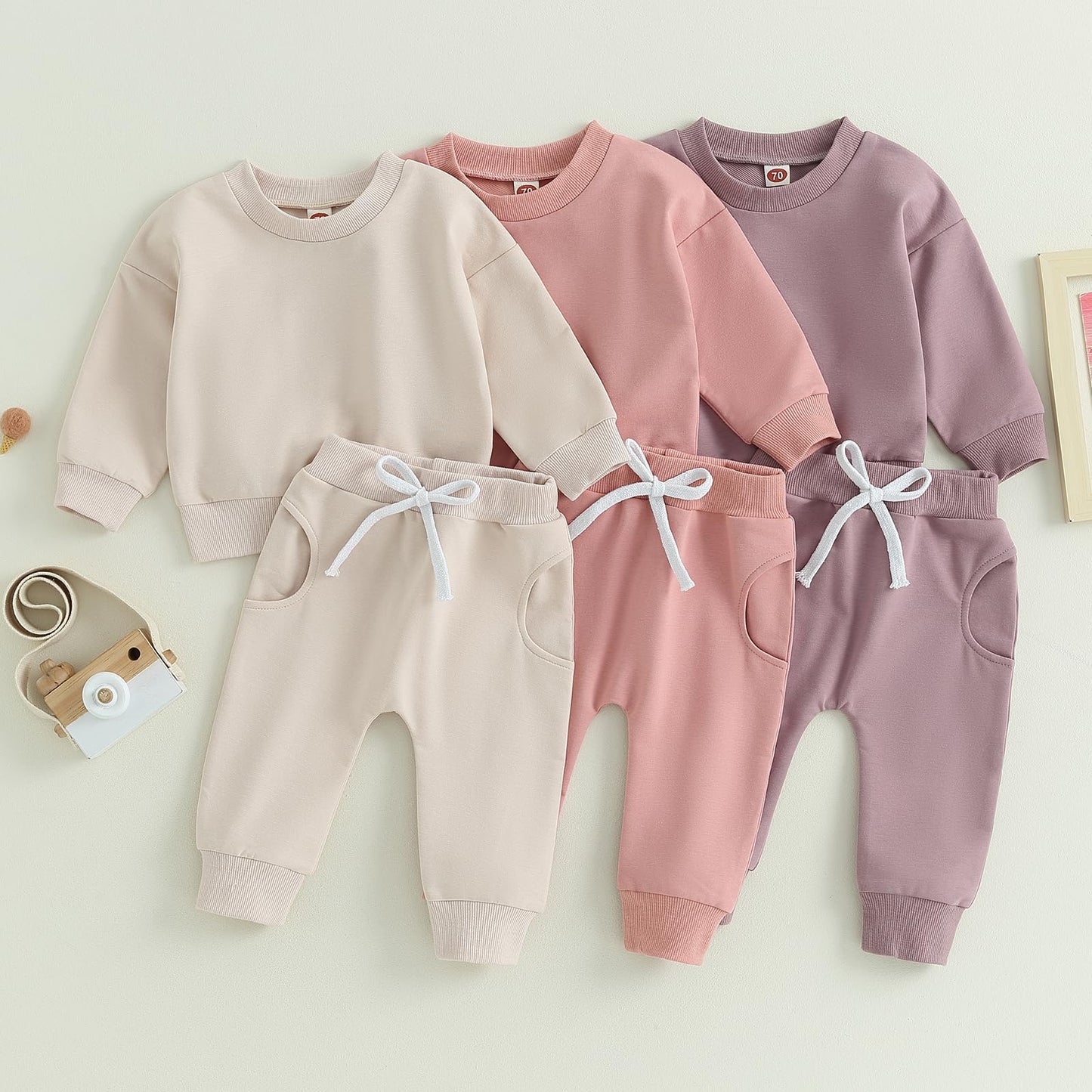 Mayummpy Baby Boys Girl Solid Outfit Long Sleeve Crewneck Oversized Sweatshirt Sweatpants Pants Set Fall Winter Clothes (Apricot