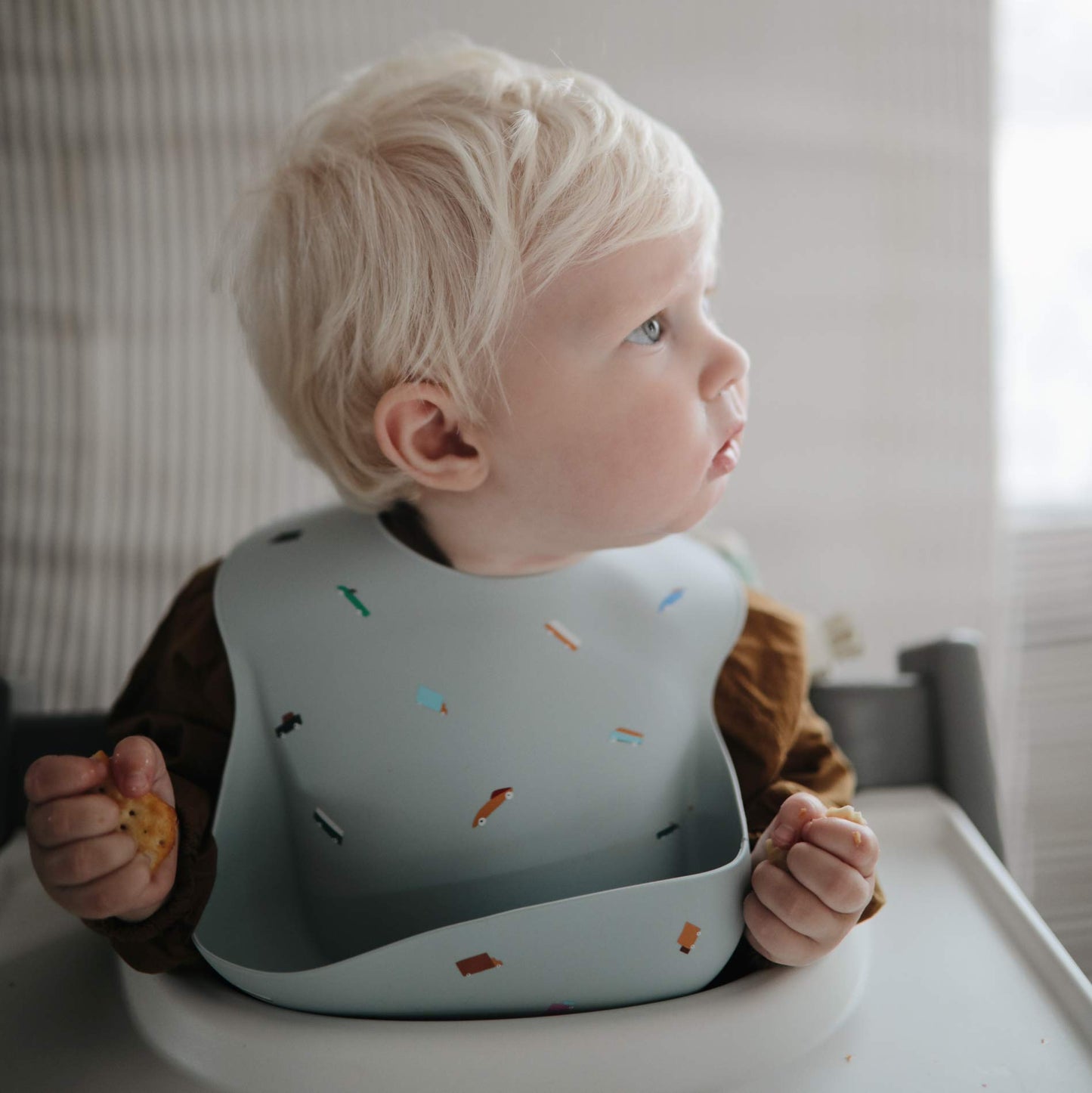 Mushie Silicone Baby Bib | Adjustable Fit Waterproof Bibs (Retro Cars)
