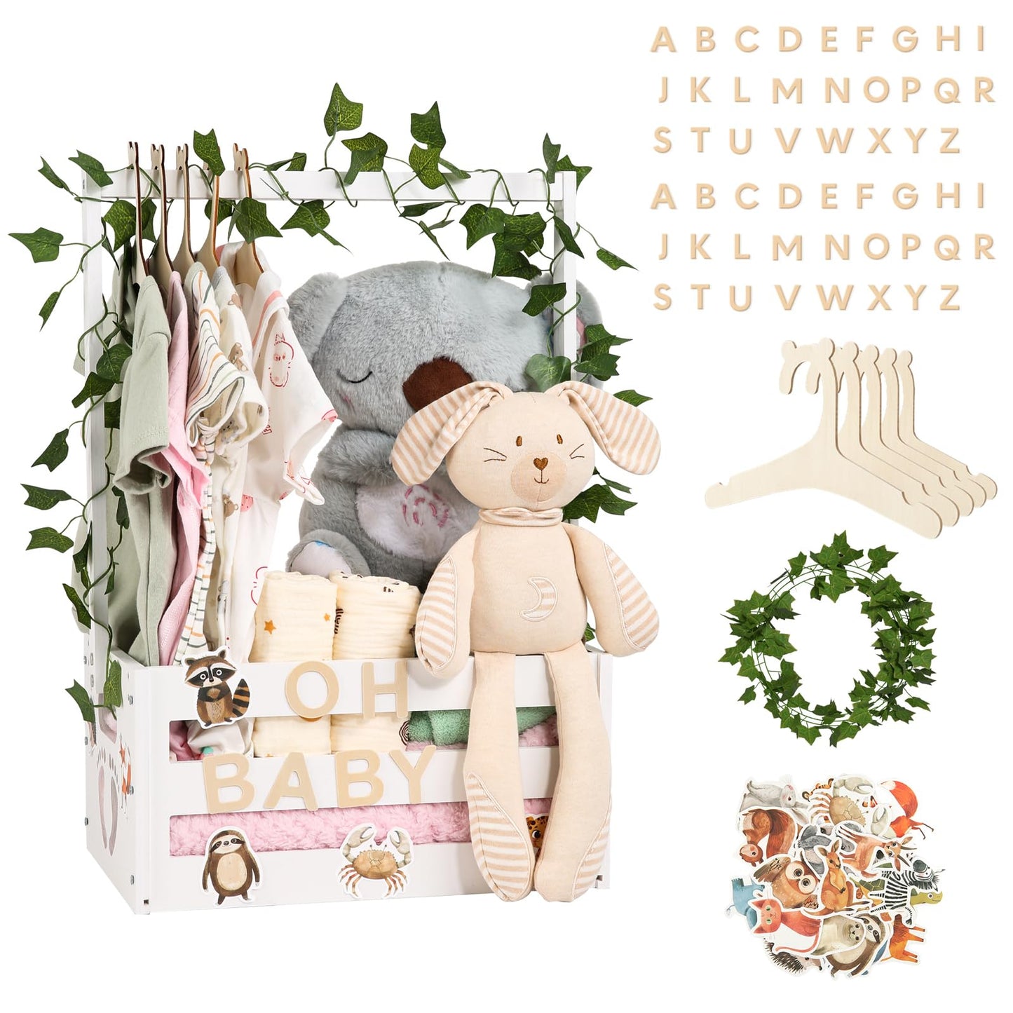 Baby Shower Gifts Basket Wooden Crate, Personalized Wooden Letters and Clothes Hangers New Born Baby Girl Boy Gifts Vine Decorat