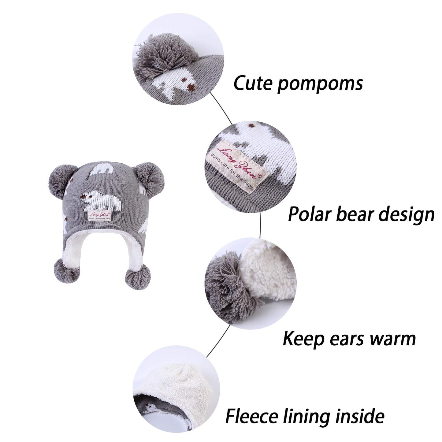 Langzhen Toddler Kids Infant Winter Hat,Earflap Knit Warm Cap Fleece Lined Beanie For Baby Boys Girls (Polar Bear - Grey, S(46-4