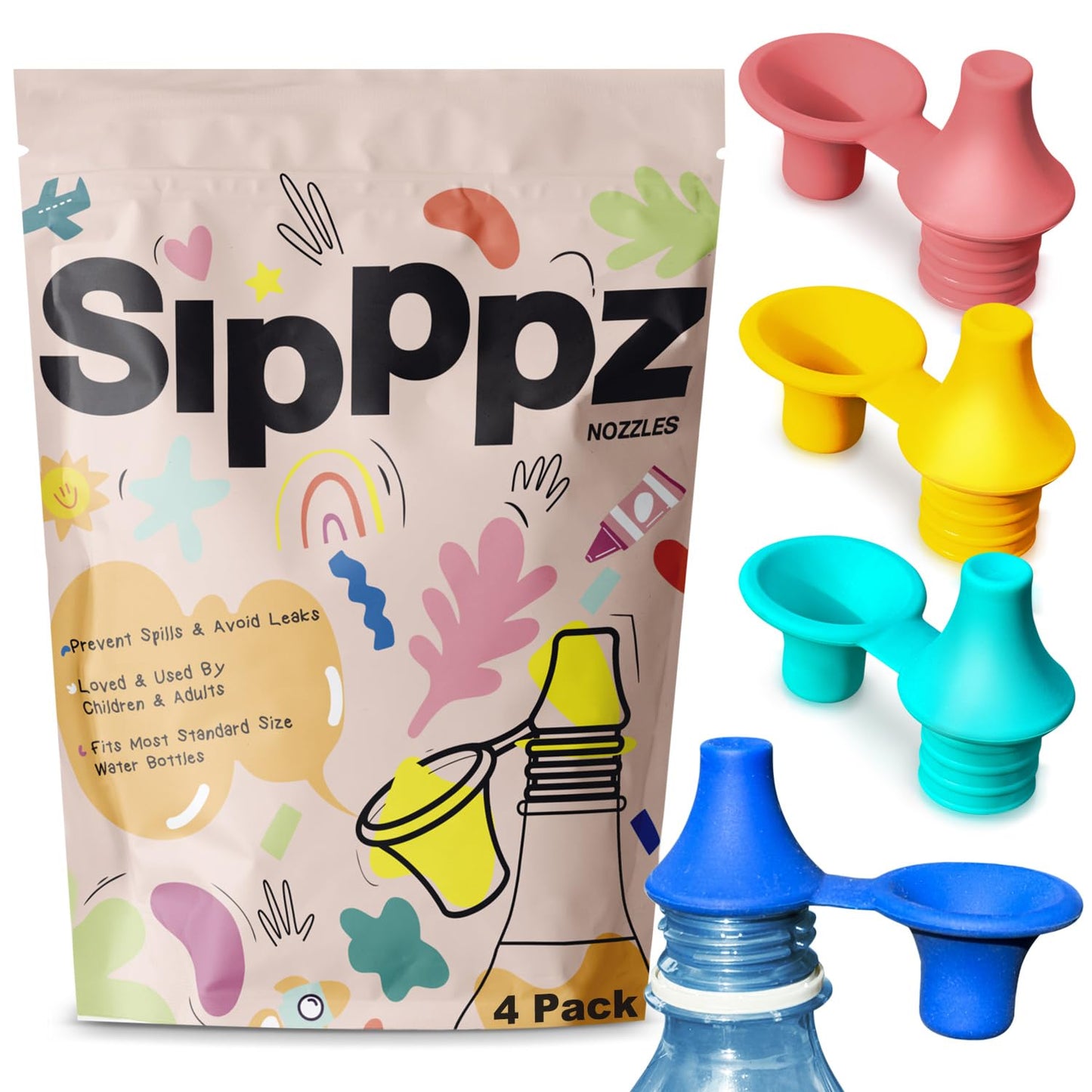 [4 Pack] Sipppz Nozzles - No Spill Silicone Bottle Top Spout - Soft, Flexible Silicone - Blue, Green, Yellow, Pink - Fit Most St