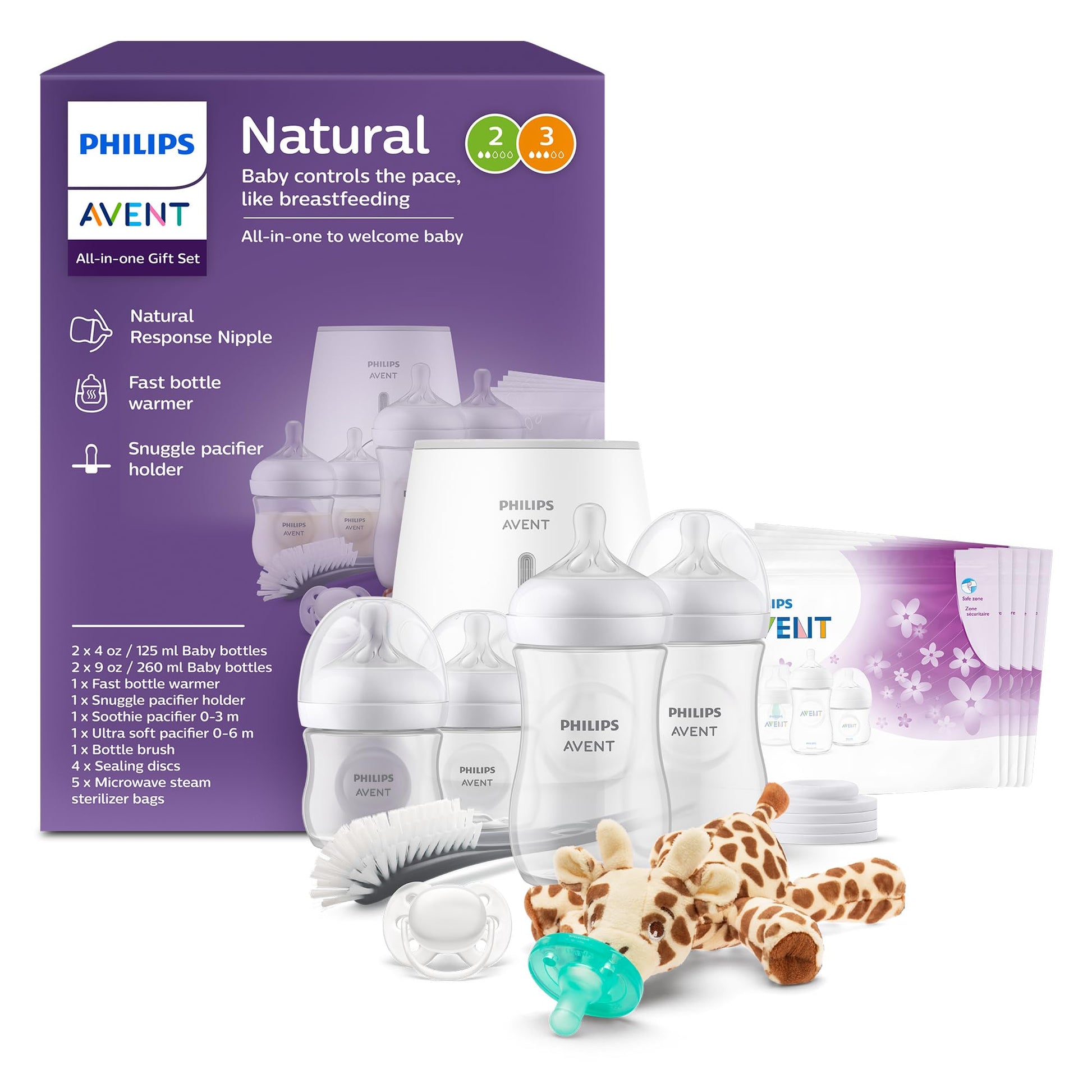 Philips Avent Natural All-In-One Baby Gift Set, Bottles With Natural Response Nipples 2X 4Oz (Slow Flow, Flow 2), 2X 9Oz (Medium