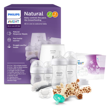 Philips Avent Natural All-In-One Baby Gift Set, Bottles With Natural Response Nipples 2X 4Oz (Slow Flow, Flow 2), 2X 9Oz (Medium