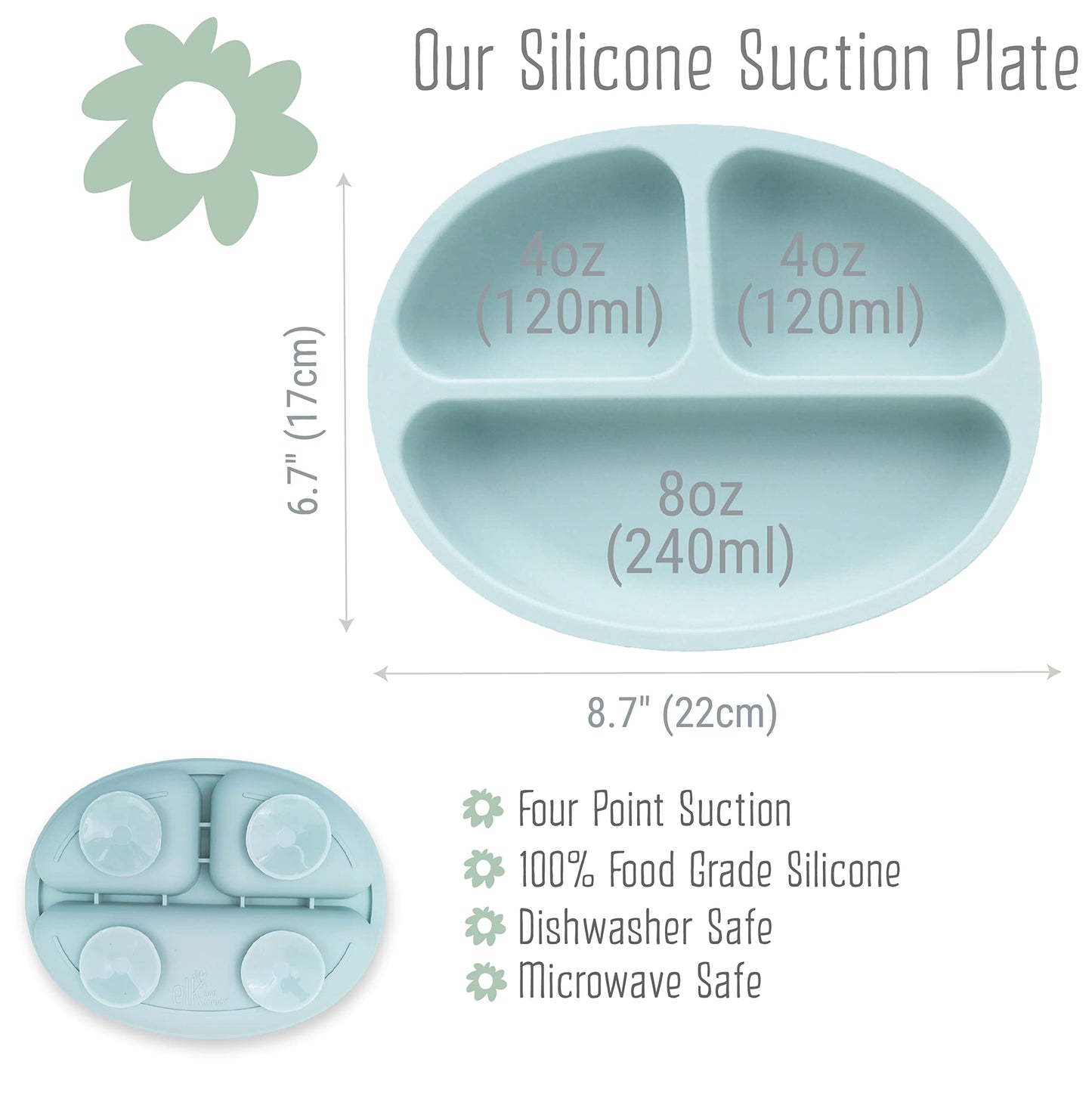 Elk And Friends Silicone Suction Plate For Babies/Toddlers + Stainless Steel Silverware Feeding Set | Divided Plate | Suction De
