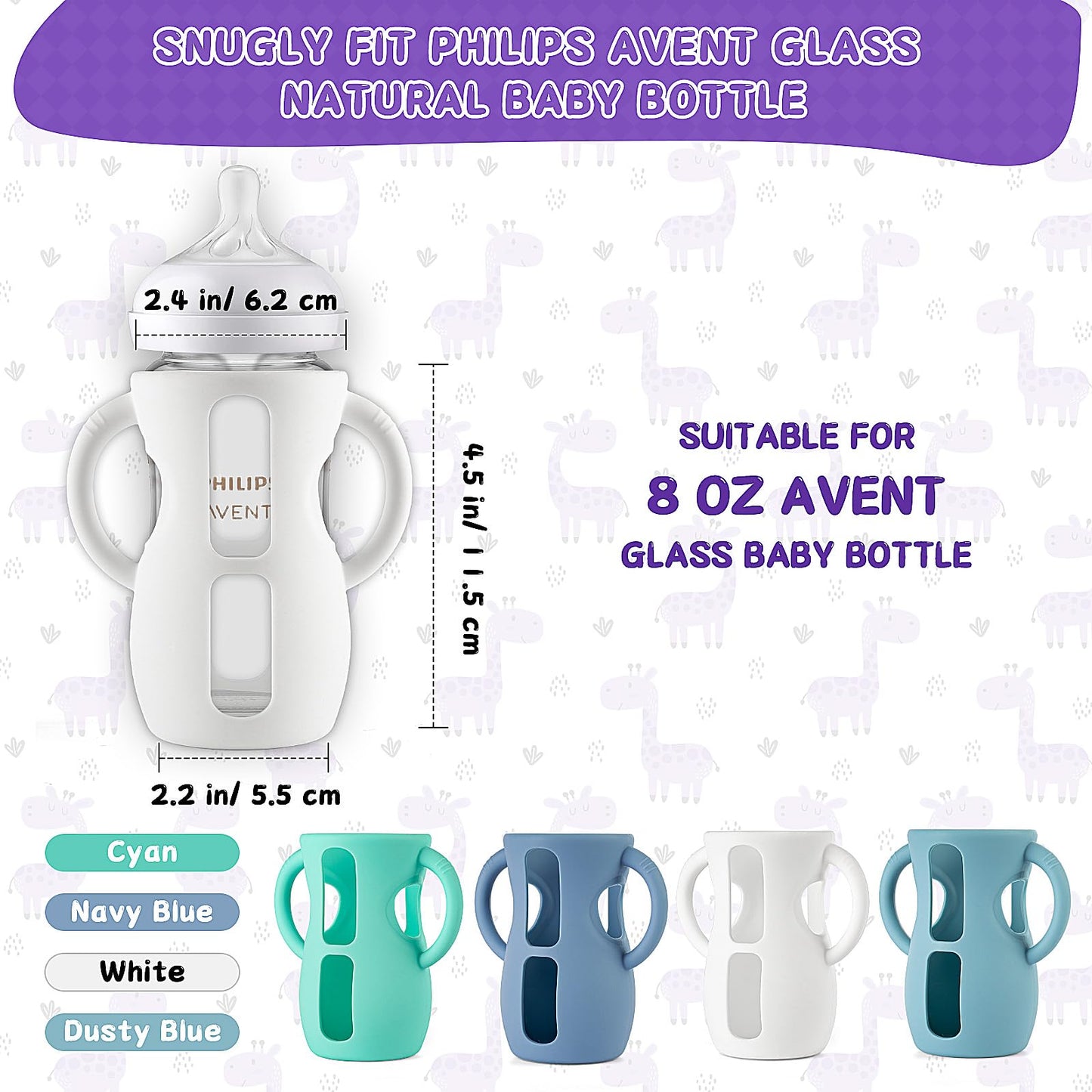 Desing Wish 4 Pack 8Oz Silicone Sleeves With Handles For Avent Glass Natural Baby Bottles, Anti Breakage Protective Sleeves Comp