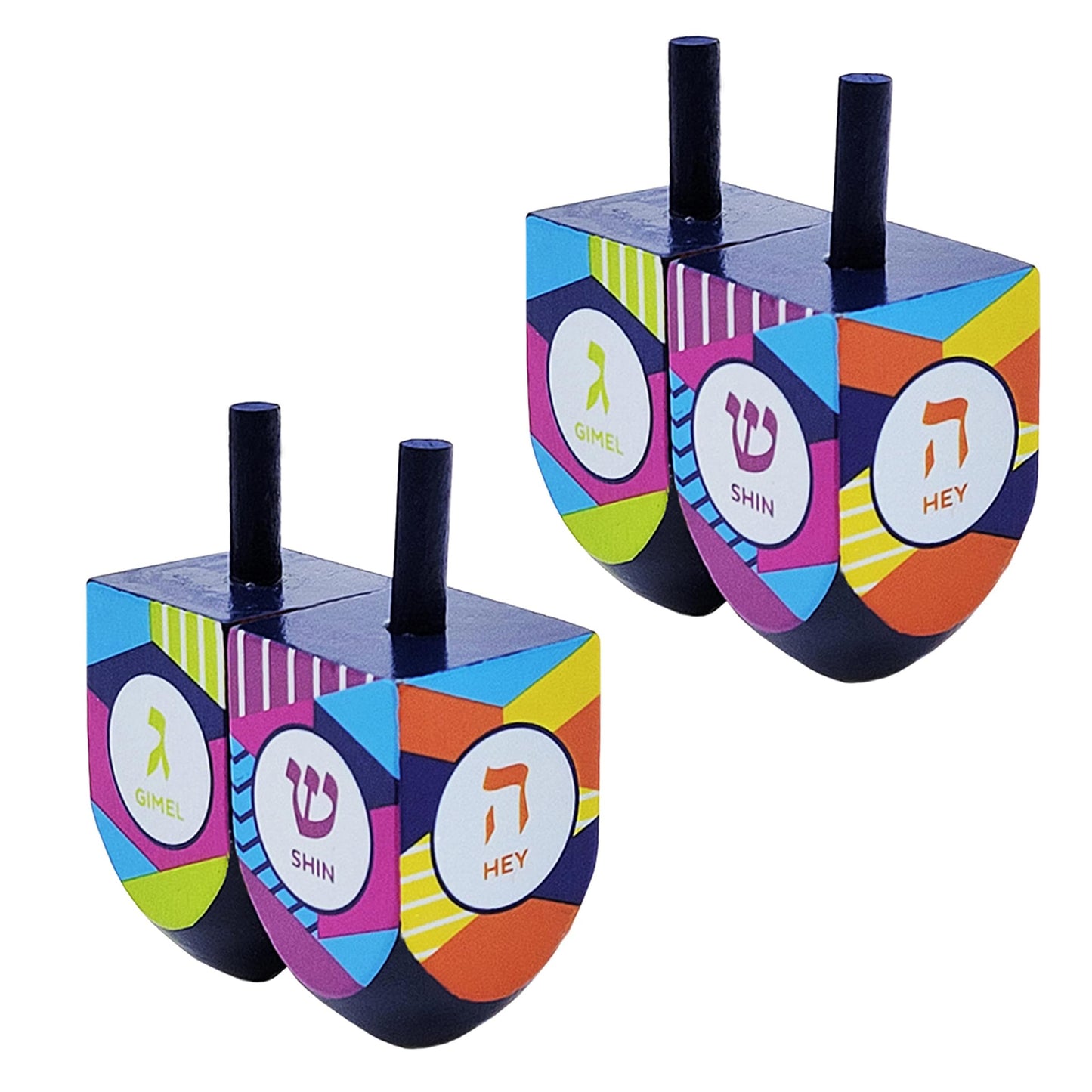 The Dreidel Company Let'S Play The Hanukkah Game 2 Multi Colored Extra Large Hand Painted Wood Dreidels (Style 4, Pack Of 4)