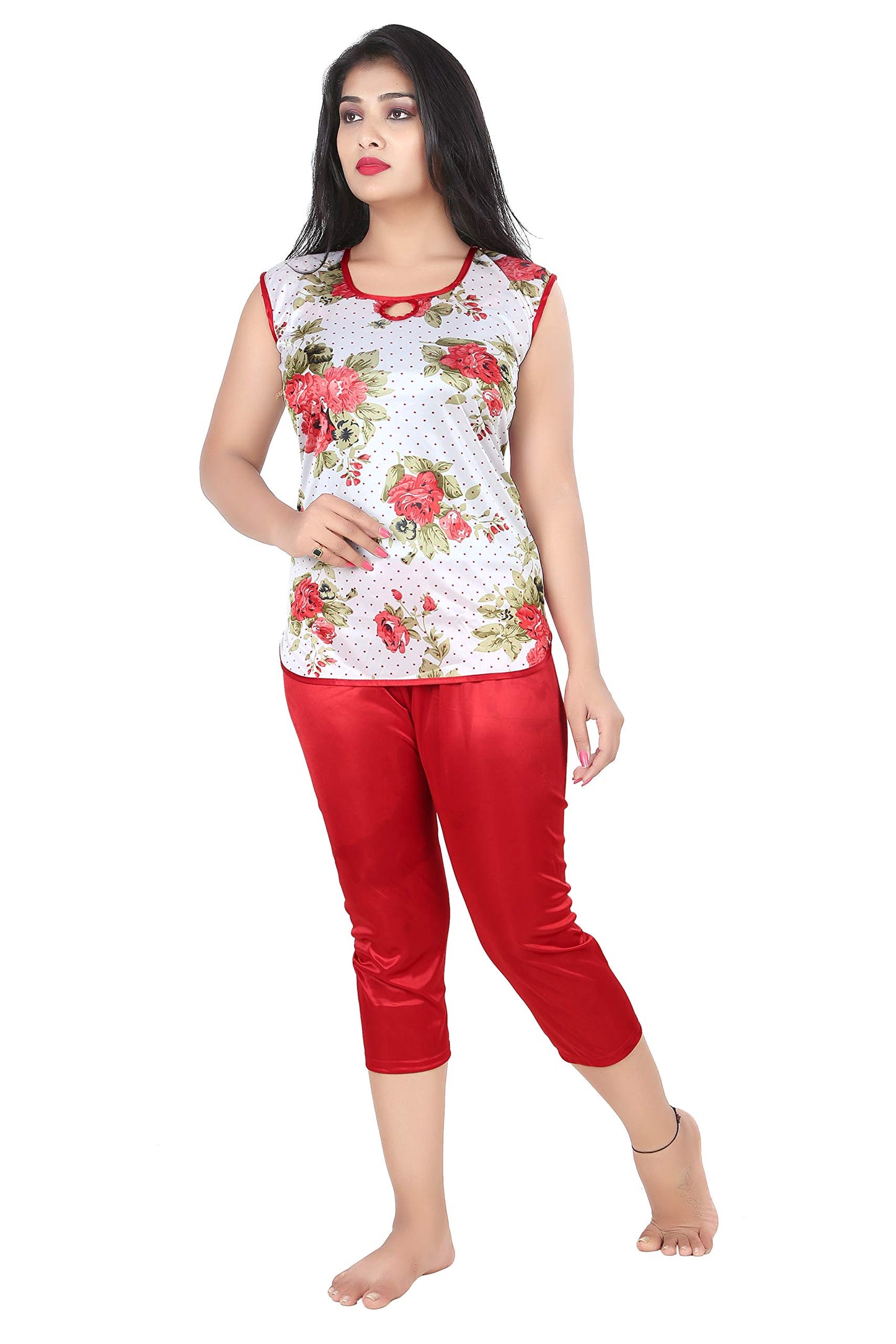 QUAPROGEN  Pampering Exigency Girls Satin Printed Top and Capri Set Pack of 1 (CAP001_Red_Free Size)