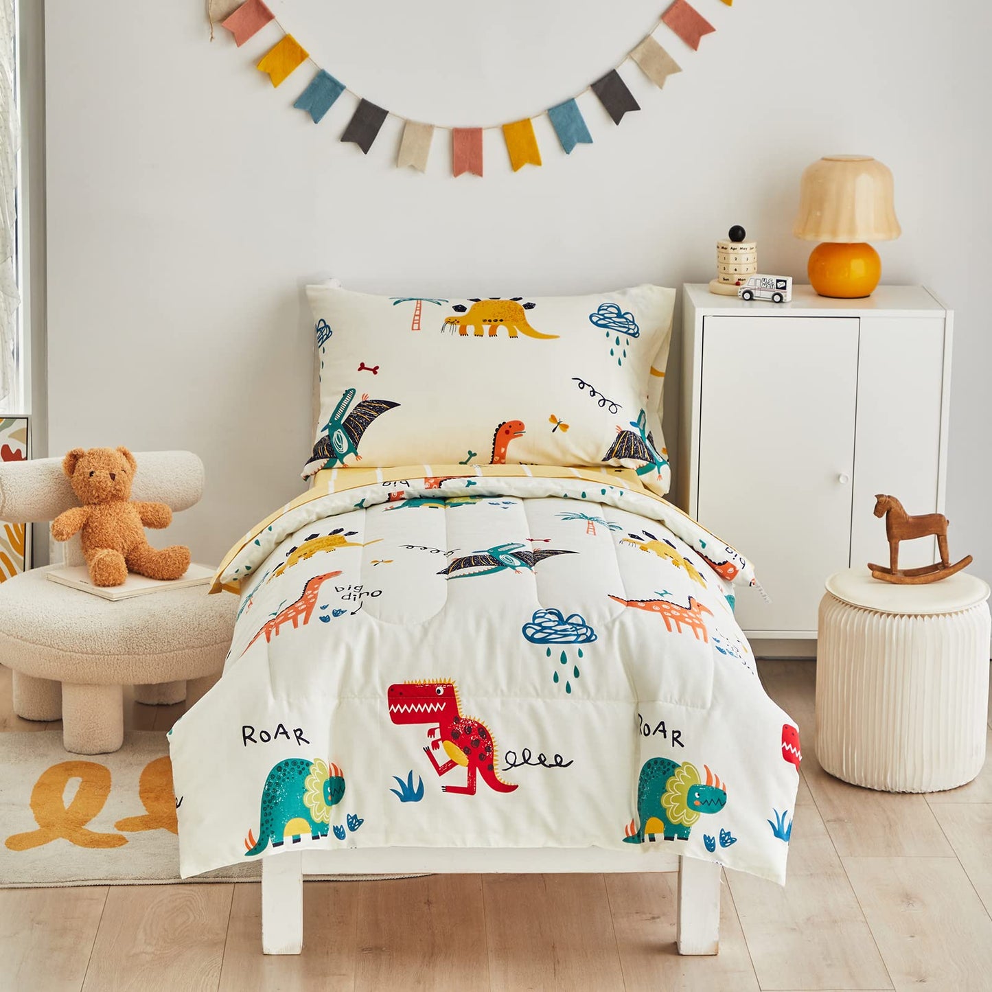 Joyreap 4 Piece Dinosaur Toddler Bedding Set, 100% Cotton Toddler Comforter For Kids Boys N Girls, Colorful Dino Print On Cream