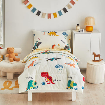 Joyreap 4 Piece Dinosaur Toddler Bedding Set, 100% Cotton Toddler Comforter For Kids Boys N Girls, Colorful Dino Print On Cream