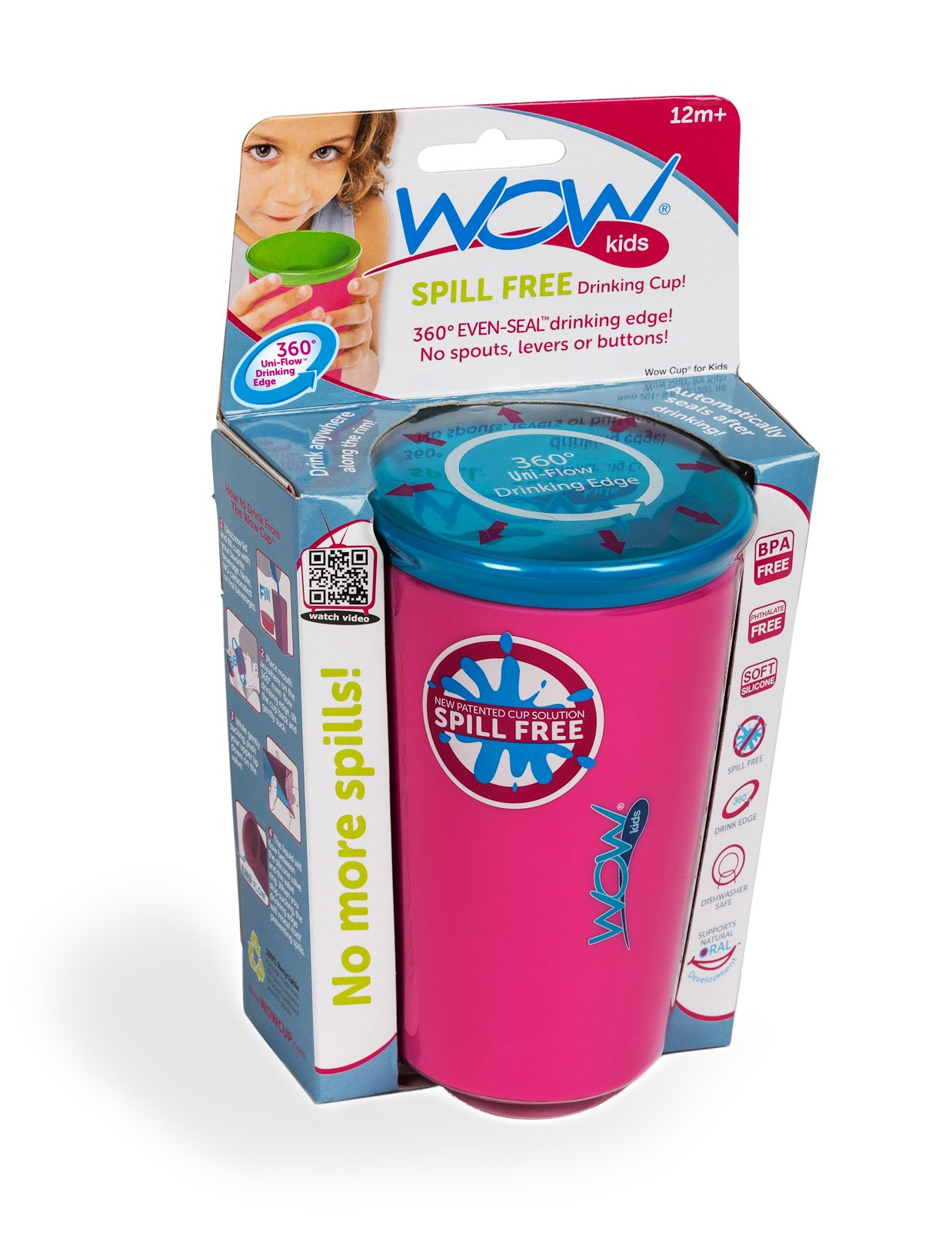 Wow Cup For Kids Original 360 Sippy Cup, Pink With Blue Lid, 9 Oz