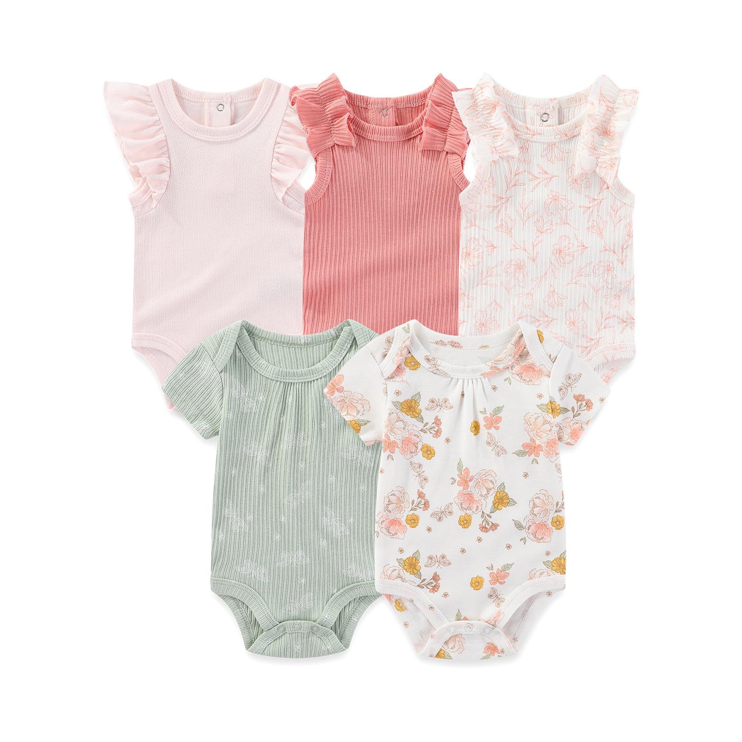 MAMIMAKA Newborn Baby Girl Short Sleeve Bodysuits One-Piece Cotton Baby Clothes 5 Pack, 9-12 Months